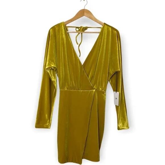 LPA Celeste Velvet Mini Dress Size S Faux Wrap Long Sleeve V-Neck Gold Party - Picture 2 of 15
